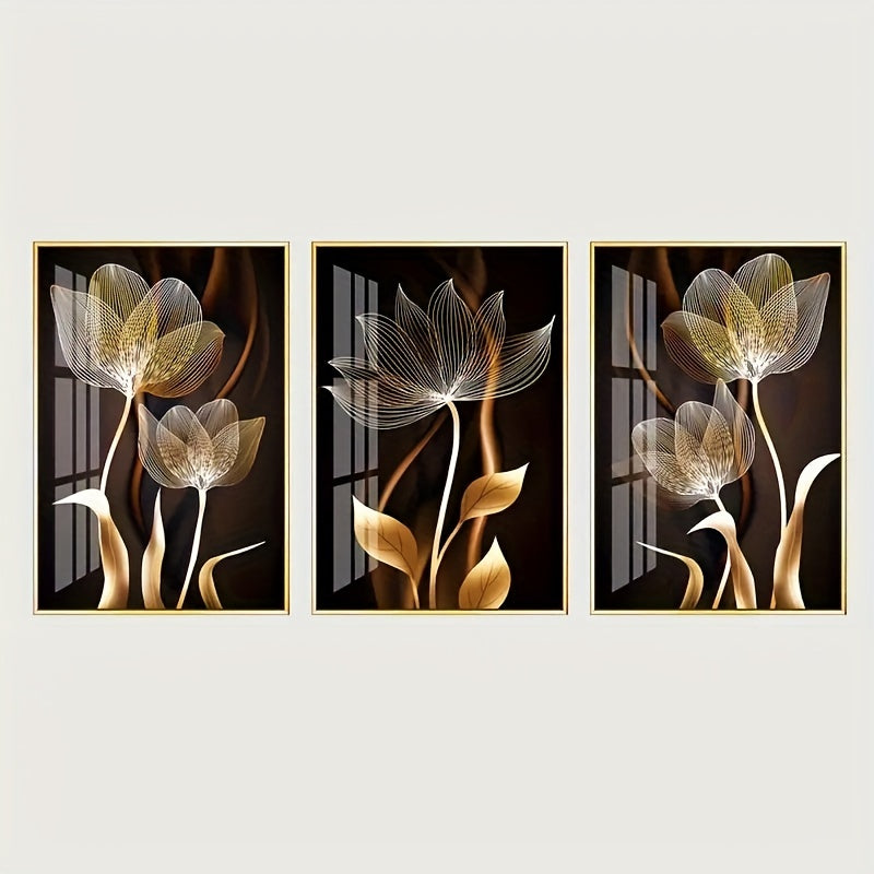 3-piece Luxury Canvas Posters - Golden Flower Artworks, Wall Decoration for Living Room, Bedroom, Office, Hall, and Kitchen, Without Frame