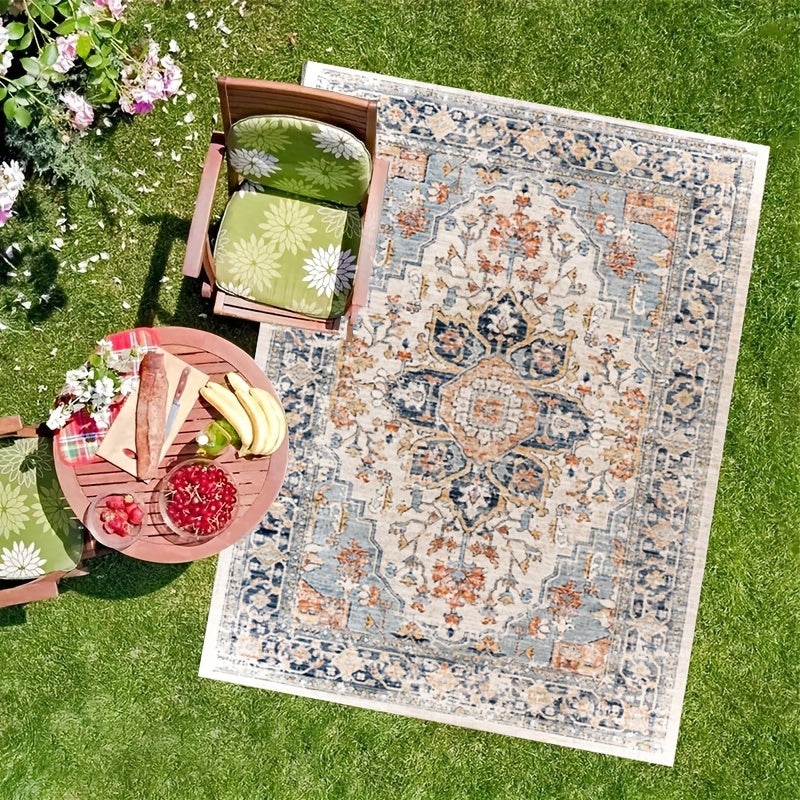 Vintage Bohemian Outdoor Rug - 850g/0.8cm Thick, Water Resistant, Non-Slip Washable Carpet for Terrace, Patio, Veranda, Machine Washable
