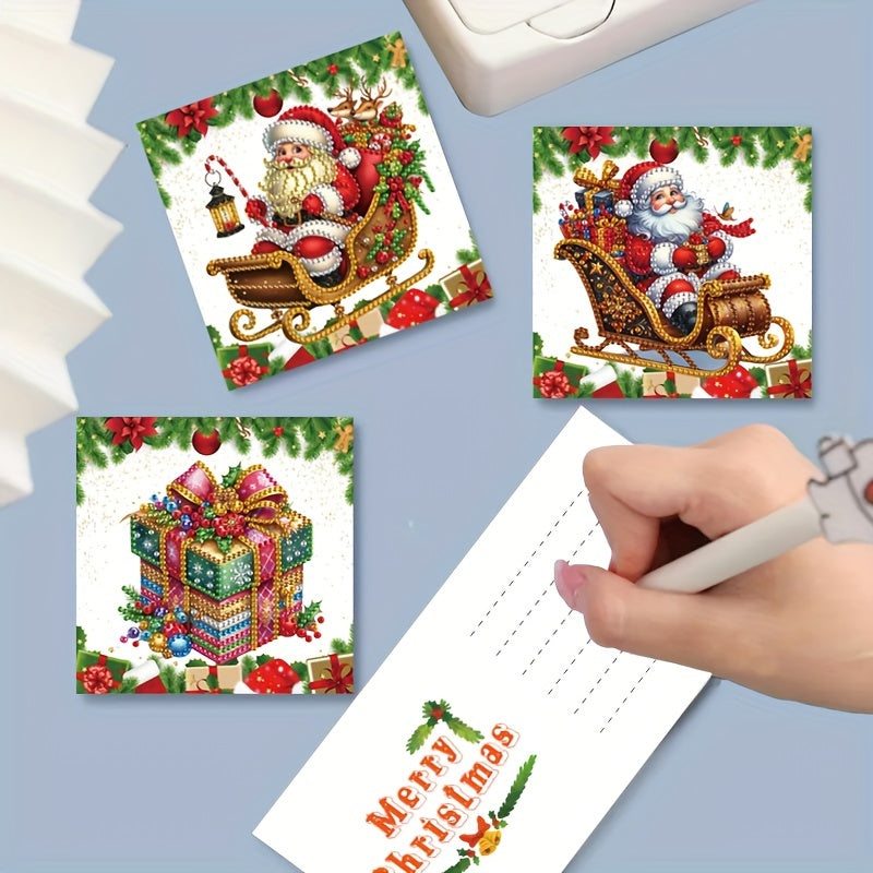 Set de 6 Tarjetas de Pintura de Diamantes Navideñas - Set Festivo Hecho a Mano con Motivos de Santa, Búho y Regalos para Deseos Navideños, Forma de Diamante Irregular