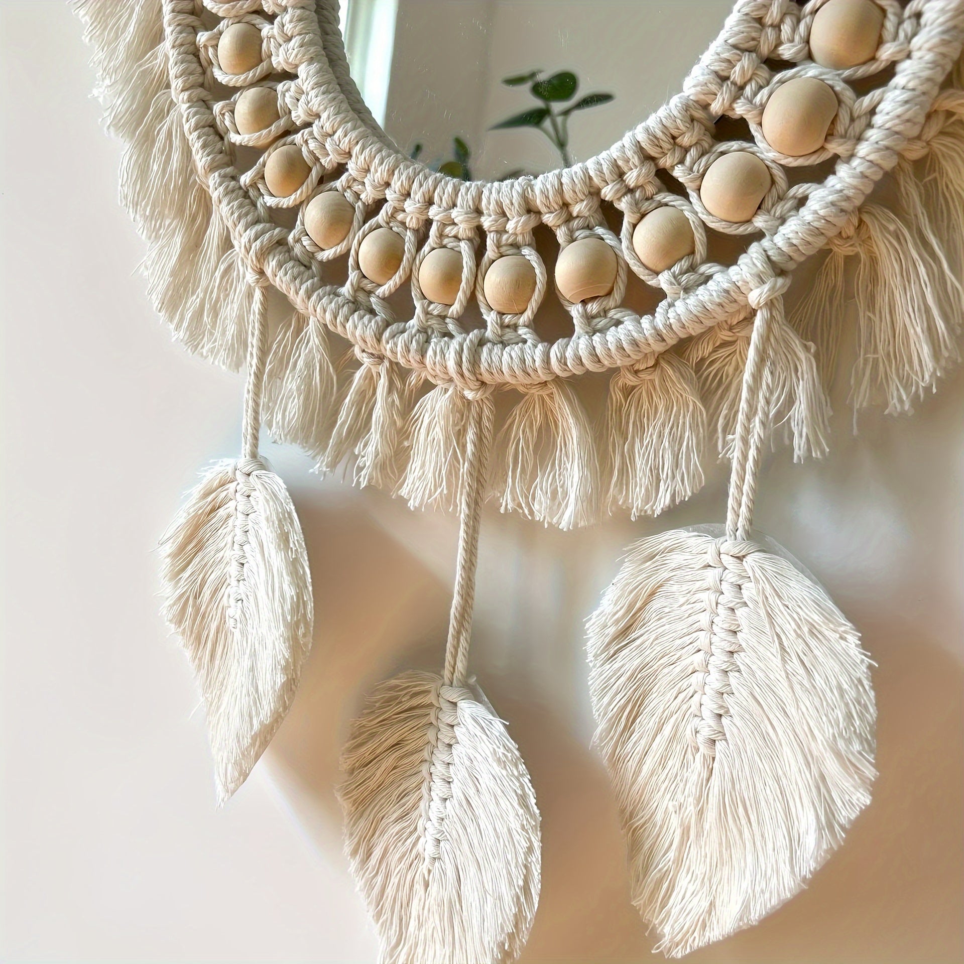 Espejos de pared de ratán tejidos a mano estilo boho chic con borlas de hoja – Acabado sin marco y pulido