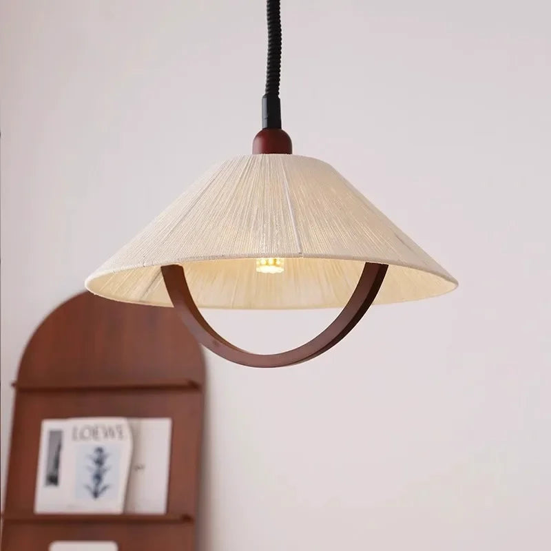 FabricWood - Candeeiro suspenso vintage ajustável de tecido e madeira para salas de estar e de jantar