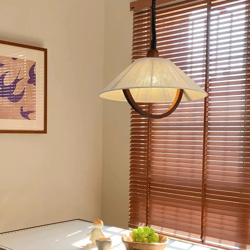 FabricWood - Candeeiro suspenso vintage ajustável de tecido e madeira para salas de estar e de jantar