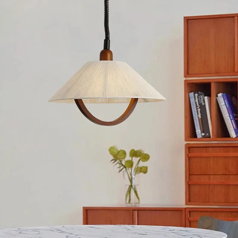 FabricWood - Candeeiro suspenso vintage ajustável de tecido e madeira para salas de estar e de jantar