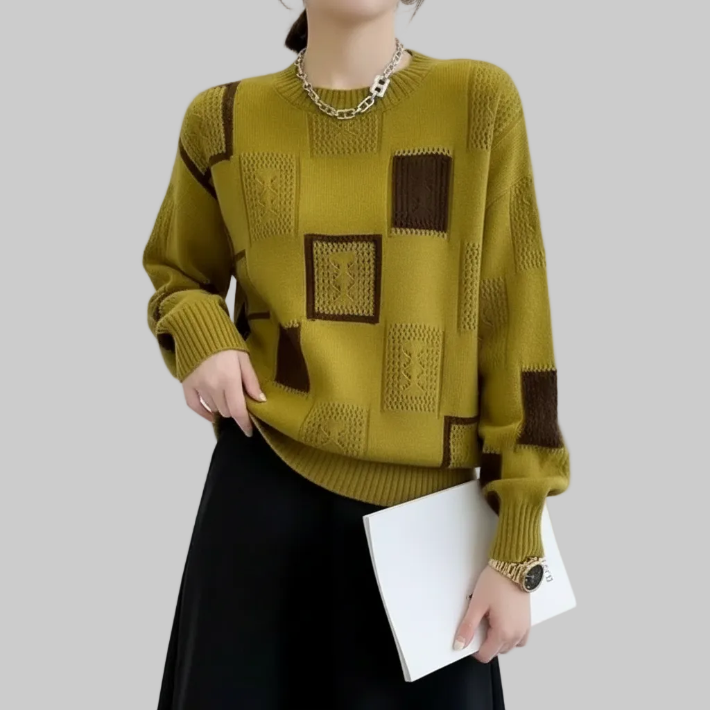 Camisola Geométrica Moderna em Lã Macia com Padrão Contrastante
