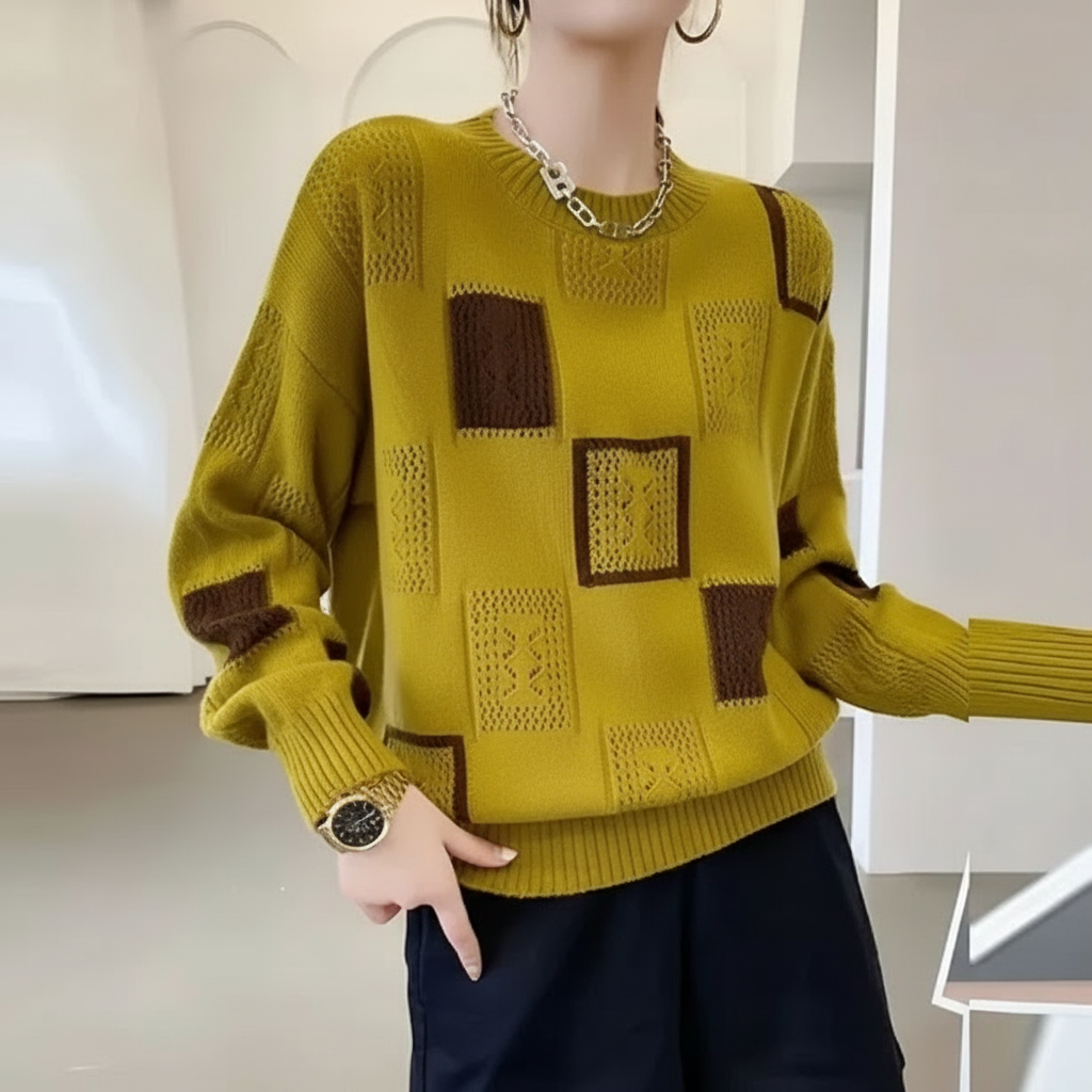 Camisola Geométrica Moderna em Lã Macia com Padrão Contrastante