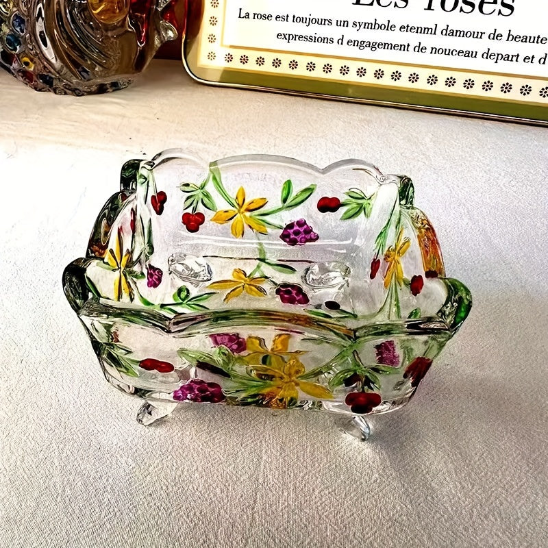 Taça de Vidro - Fruteira de Vidro Feita à Mão com Desenho de Flores