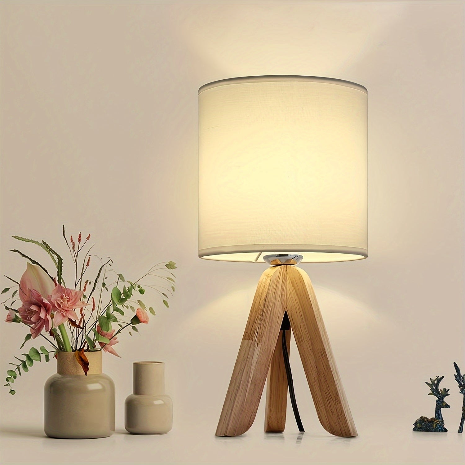 DriepootLicht - Lámpara de mesa de madera con pantalla de lino, 220V-240V, enchufe europeo
