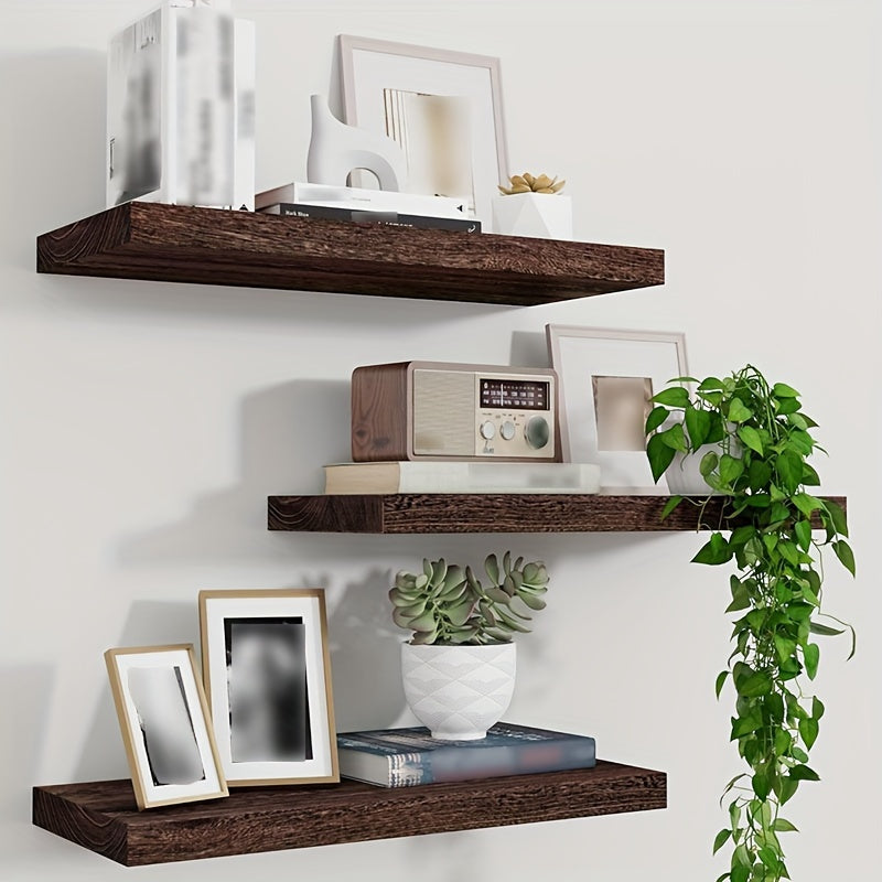 RusticShelf - Conjunto de 3 Prateleiras Flutuantes - Estantes de Madeira em Preto