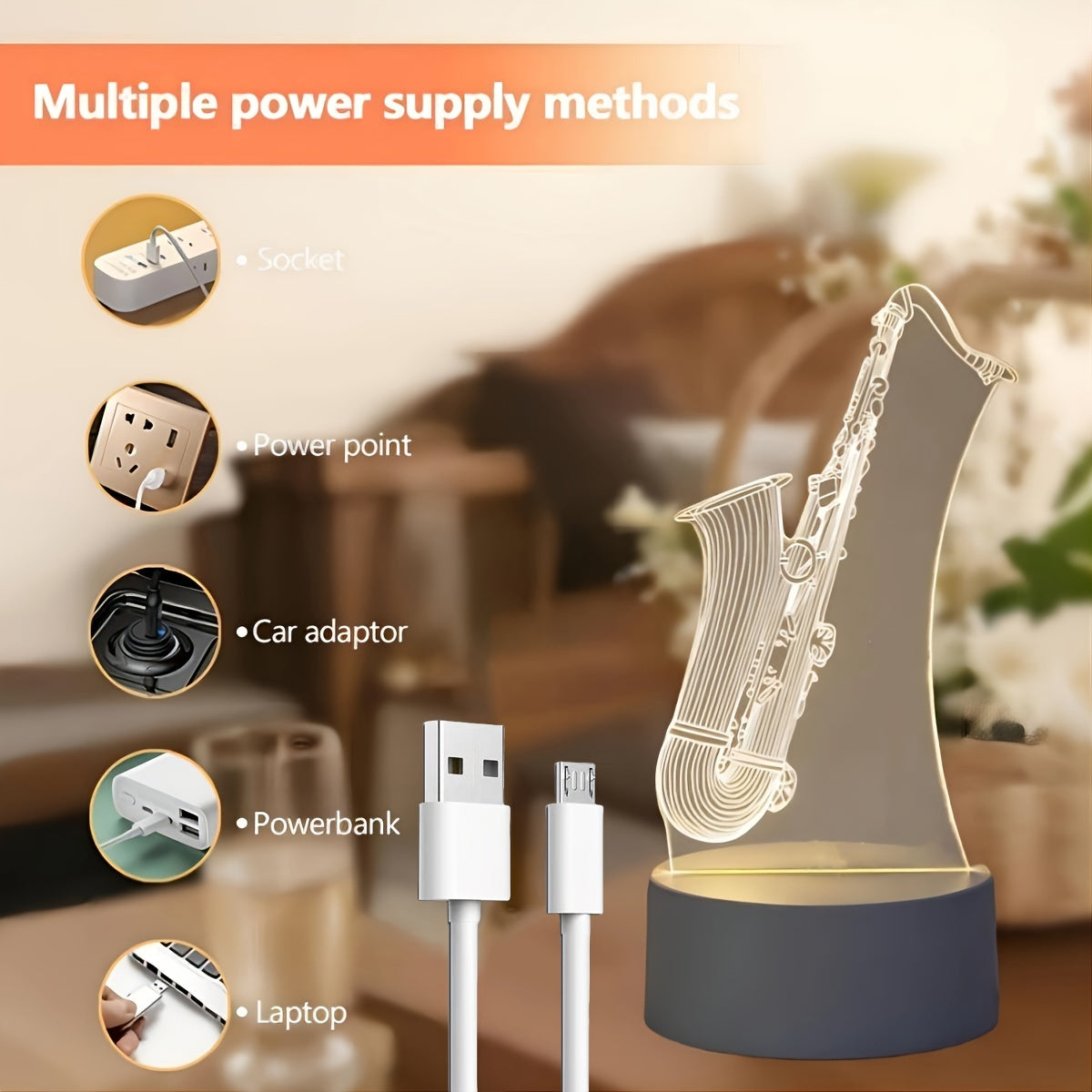 SaxGlow - 3D Saxophone LED Night Lamp, USB-Powered Table Lamp