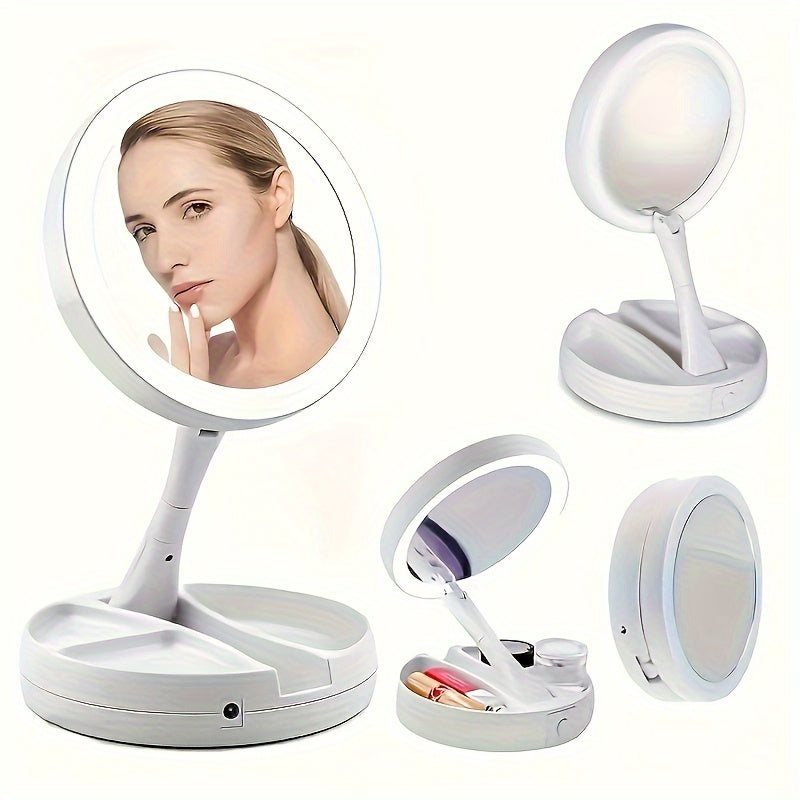 Opvouwbare Make-up Spiegel met LED Verlichting en Opbergbox – Dubbelzijdige 1X en 10X Vergrotende Spiegel voor Tafel of Kaptafel