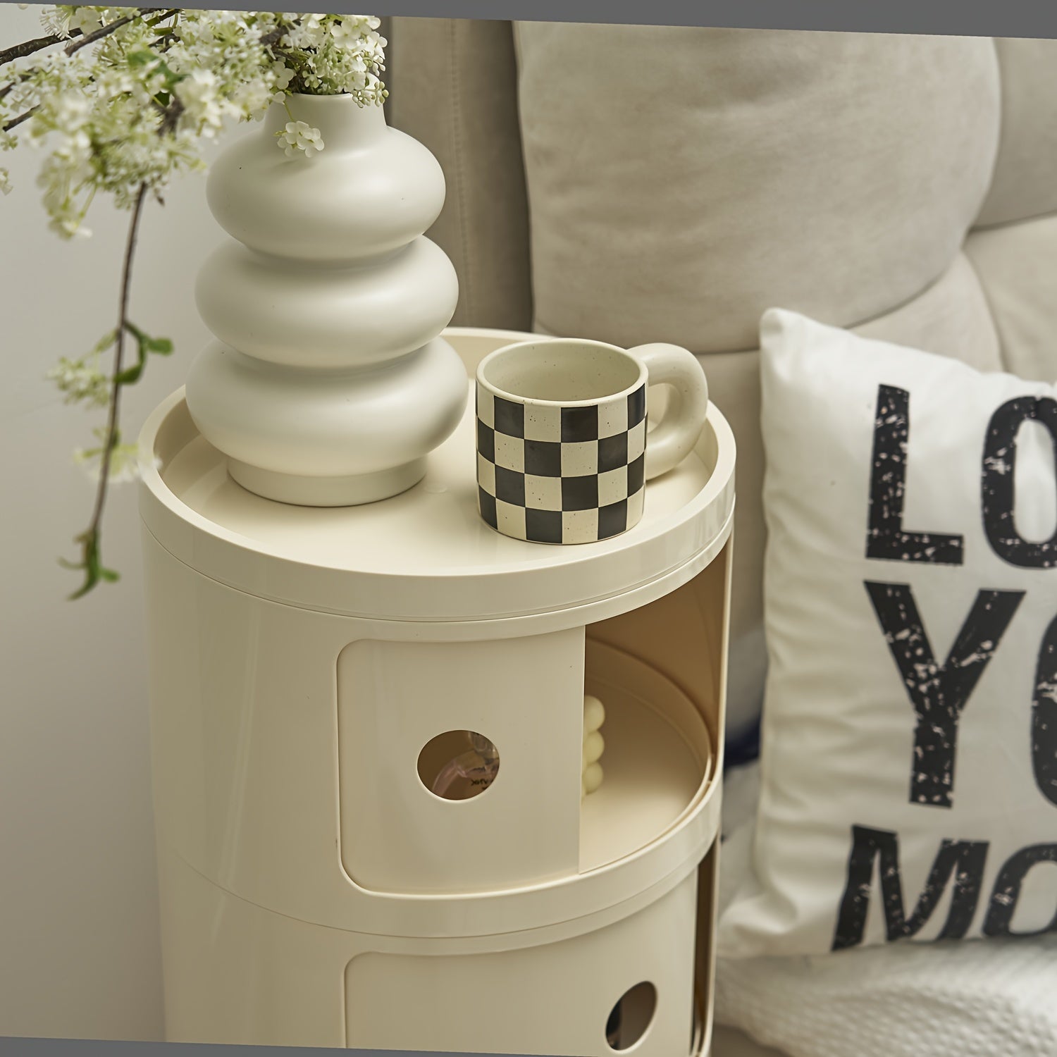 Mesa de Cabeceira Redonda – Móvel de Arrumação Branco