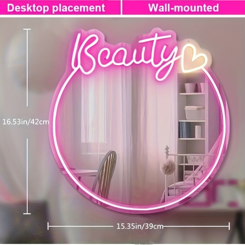 Beauty Neon Mirror - Wall Mount, USB-Powered Mirror Light for Girls' Room or Beauty Salon