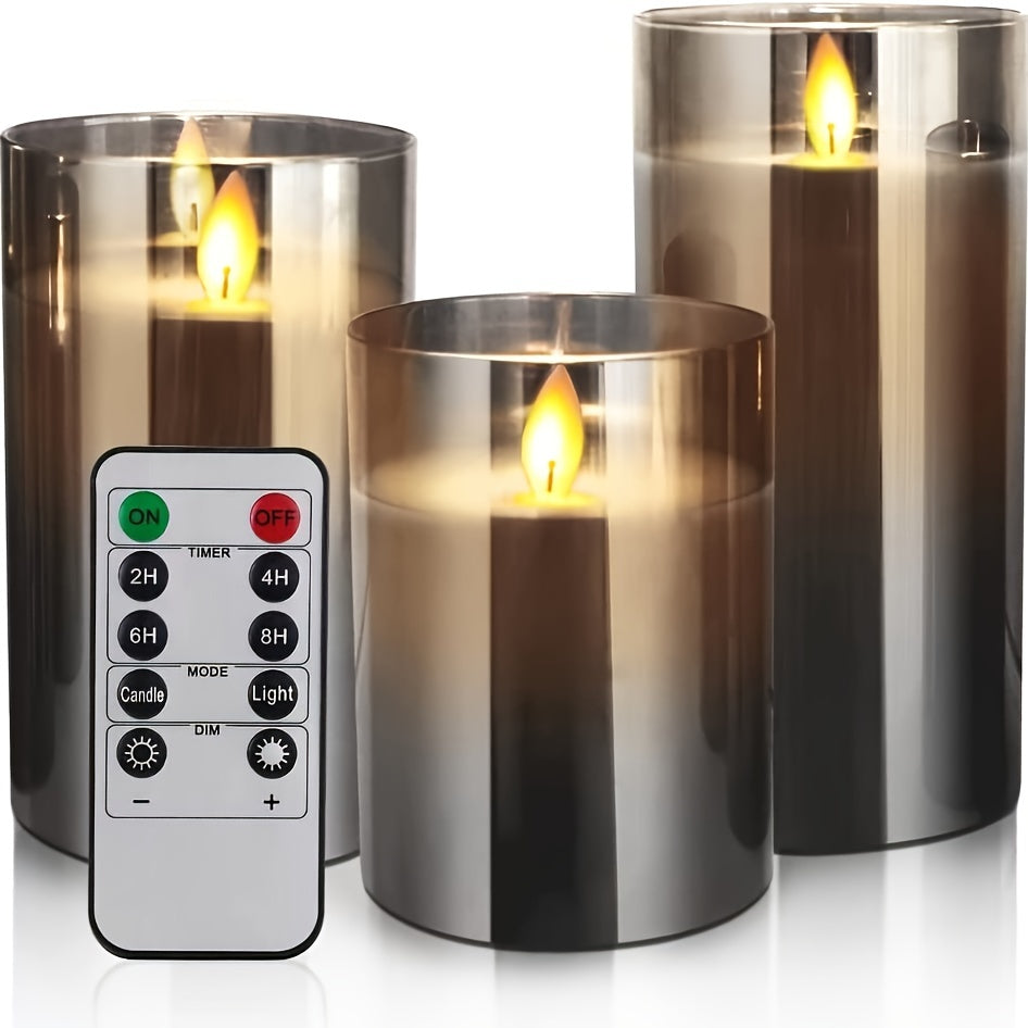 Conjunto de 3 Velas LED Sem Fogo, Velas de Pilha com Chama Tremeluzente, Velas Coluna de Cera Real com Chama Móvel, Velas Elétricas Cinza com Efeito Vidro e Controlo Remoto com Temporizador, 10,16 cm, 12,7 cm, 15,24 cm, Embalagem Cinzenta 3 unidades