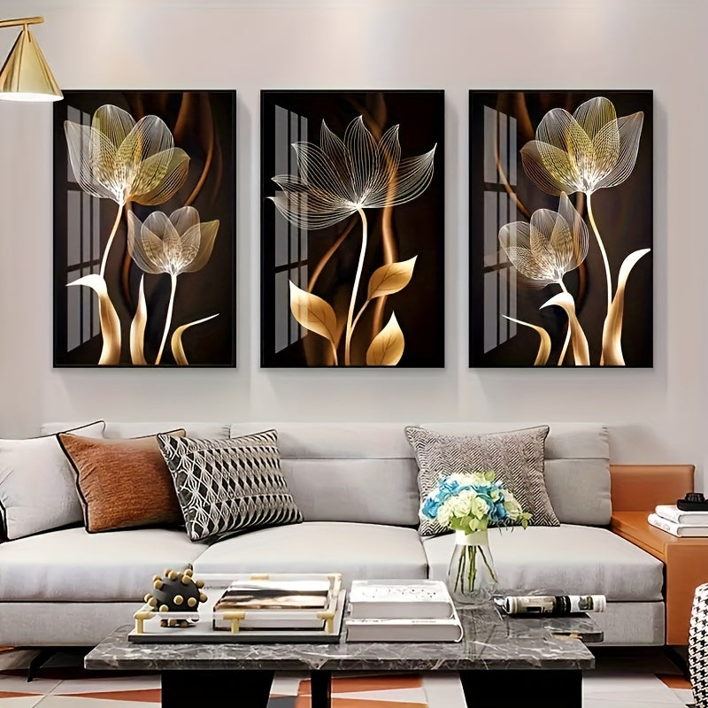 3-piece Luxury Canvas Posters - Golden Flower Artworks, Wall Decoration for Living Room, Bedroom, Office, Hall, and Kitchen, Without Frame