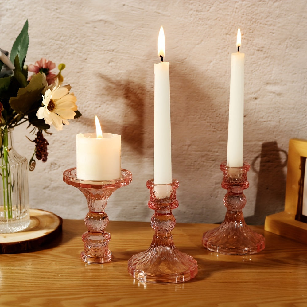 Suportes para Velas de Cristal Rosa - Decoração Romântica para o Natal e Feriados