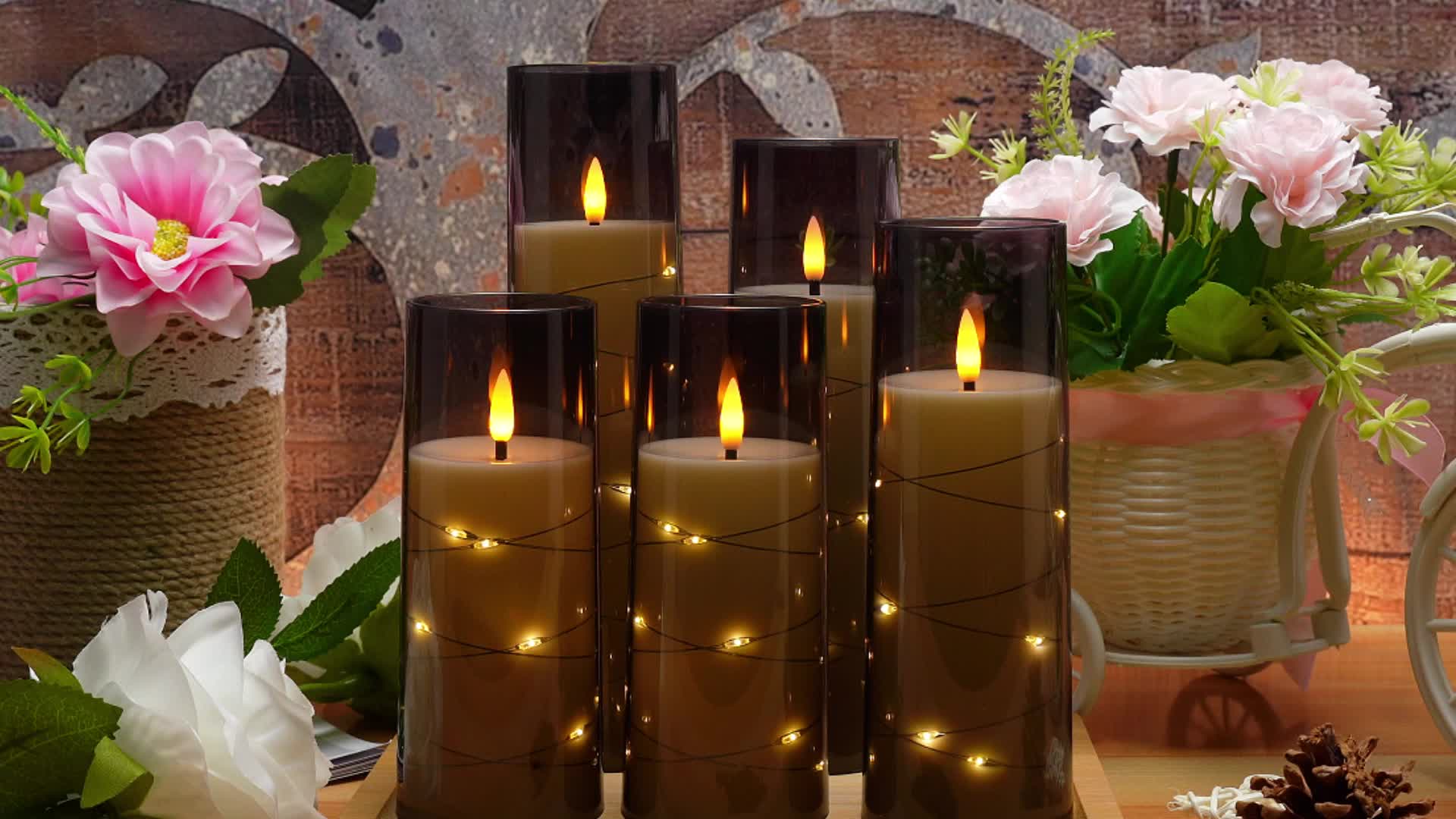 Candele LED senza fiamma con ghirlanda luminosa a forma di stella – Confezione da 3 grigie (D3*H10,16cm12,7cm15,24cm) Include telecomando e timer