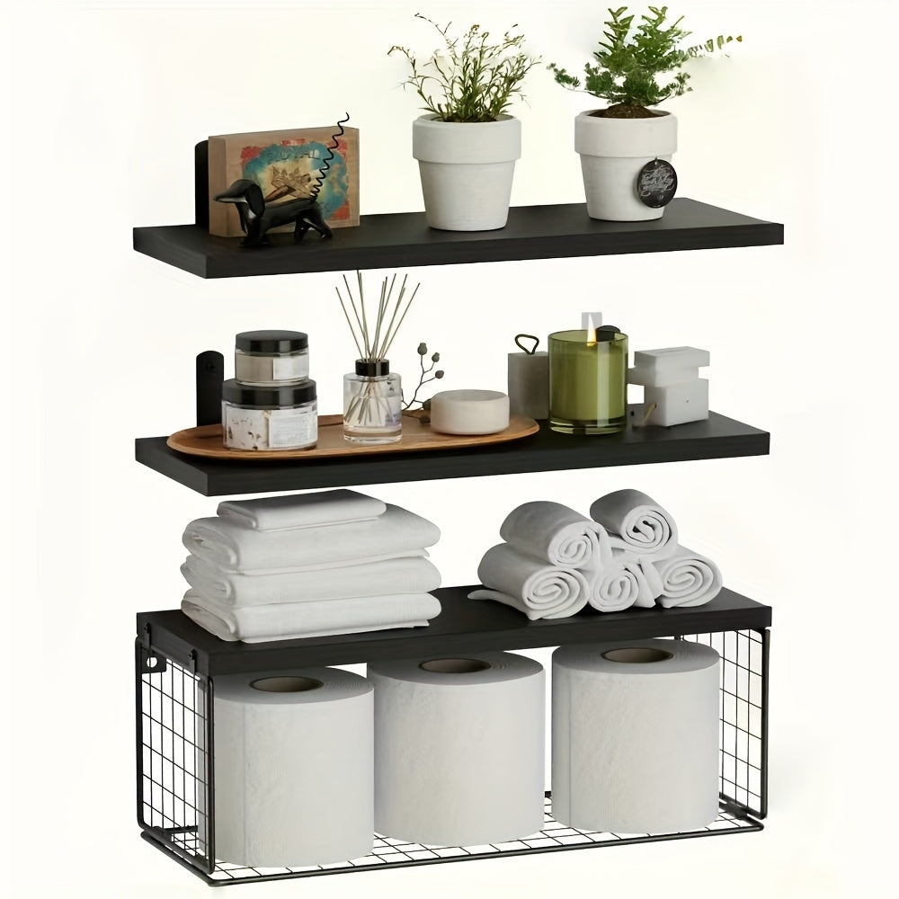 ShelfSet - Wooden Floating Storage Racks - Set of 3 Bathroom Shelves