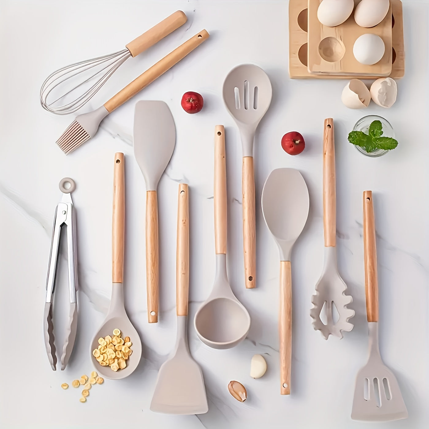 Set Utensili Cucina Silicone Manici Legno Resistenti Calore