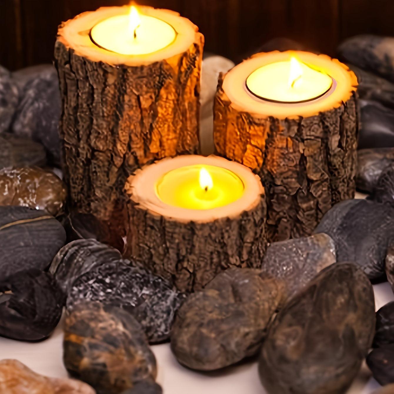 Set di 3 Portacandele in Corteccia Rustica – Decorazione da Tavolo in Legno per Natale e Festività