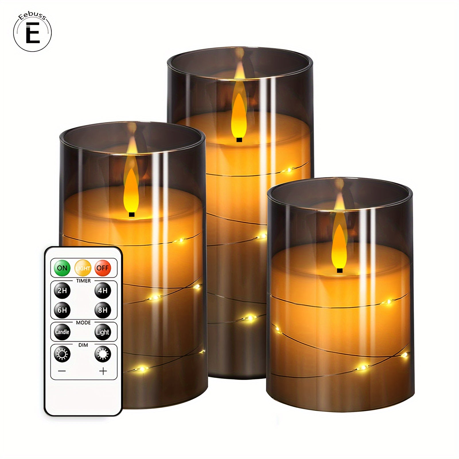 Velas LED Sem Chama com Corrente de Luz em Forma de Estrela – Conjunto de 3 Cinzentas (D3*H10,16cm12,7cm15,24cm) Inclui Comando à Distância e Temporizador