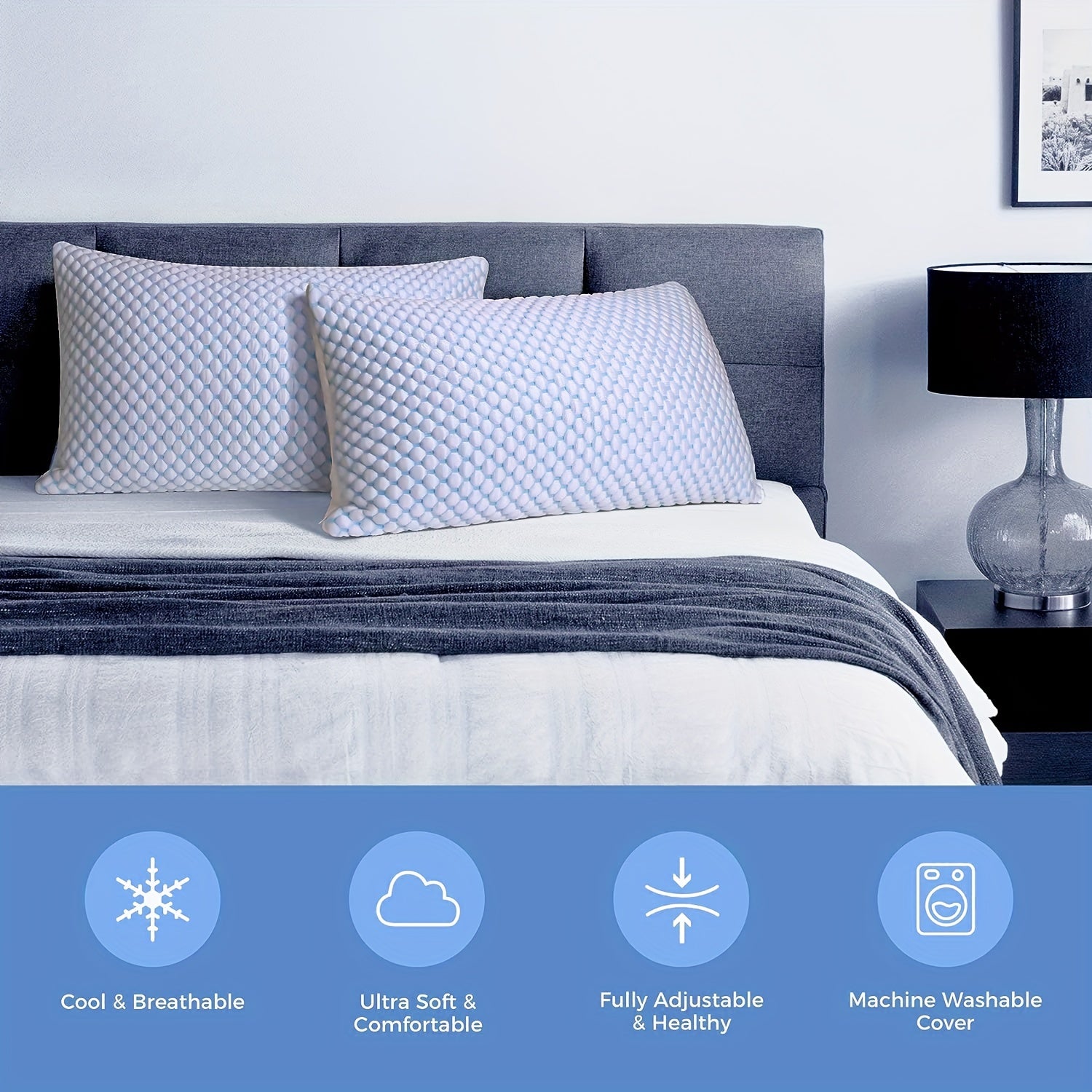 Almofada de Espuma de Memória Refrescante - Almofada de Cama Ajustável com Capa Lavável para Dorminhocos de Lado, Costas e Barriga