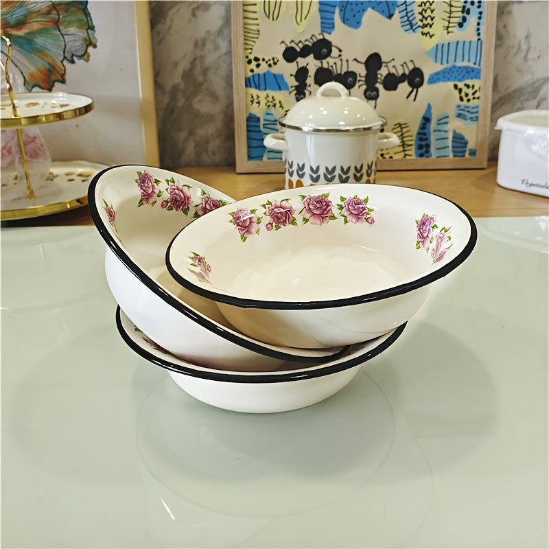 FlowerEnamel - Conjunto de 3 Peças Tigelas de Esmalte com Flores Vintage para Cozinha e Sala de Jantar