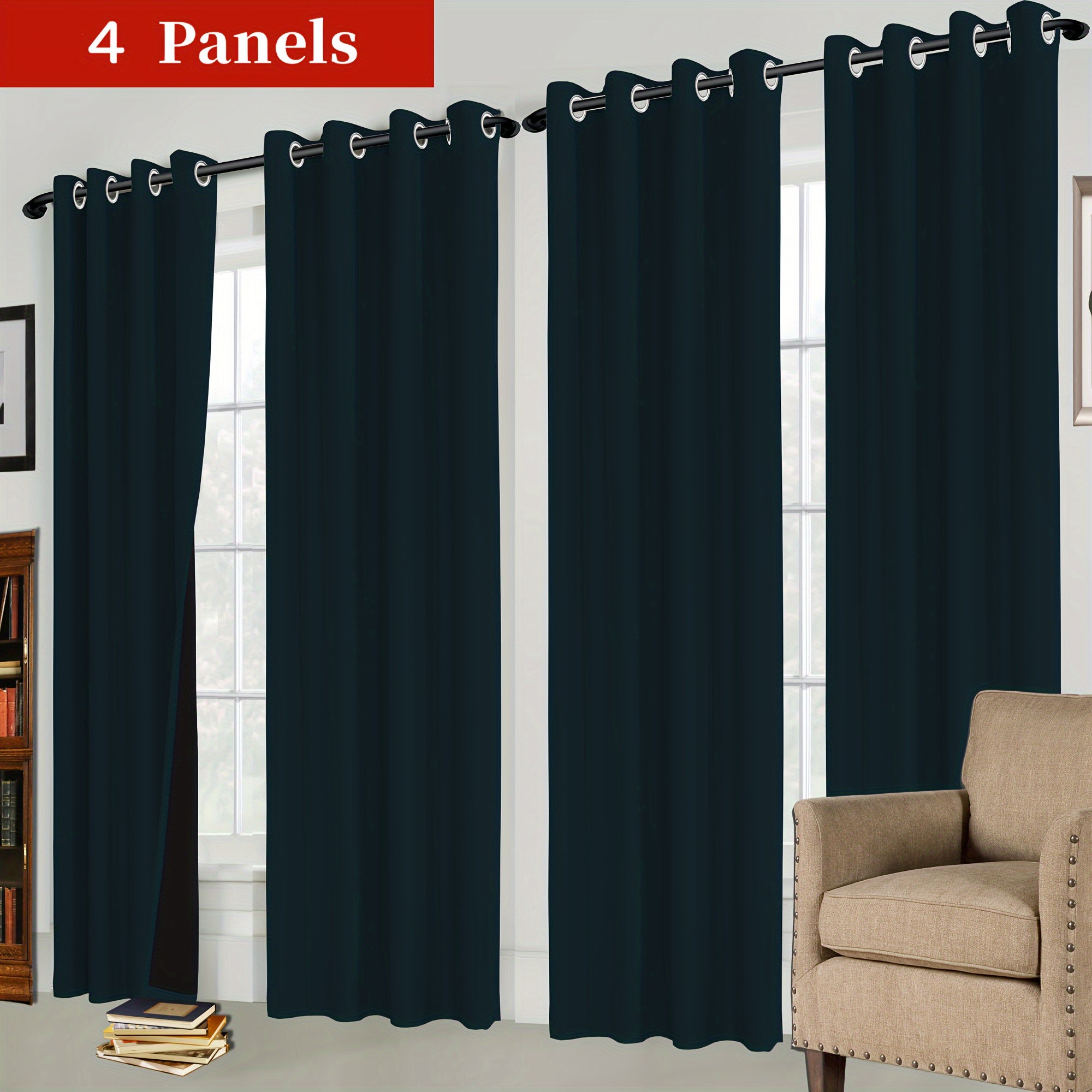 4-piece Set of Blackout Curtains with Rings - Heat Insulating, Privacy Protection