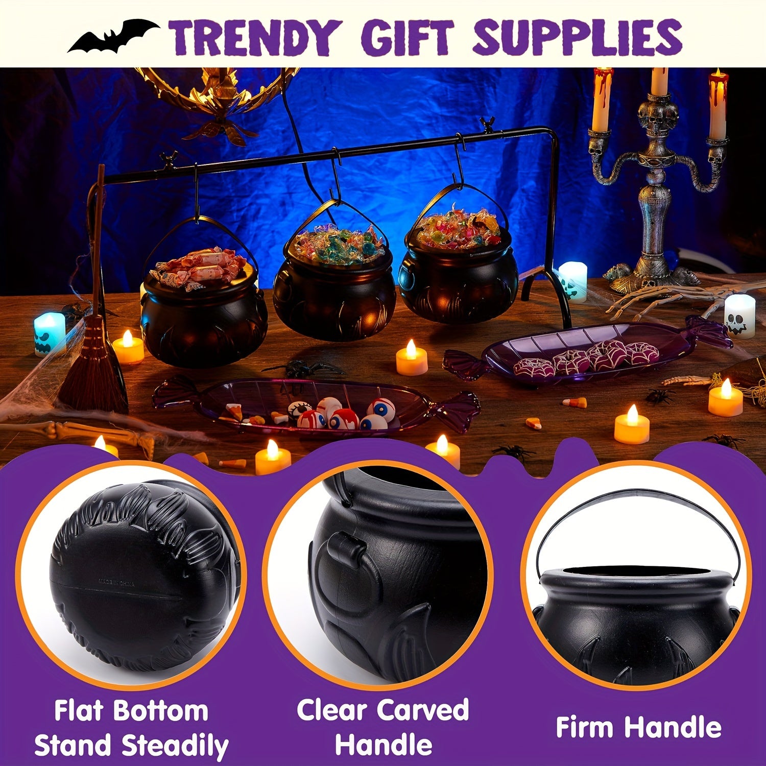 WitchServe Witch Cauldron Set - 3-piece Metal Halloween Decoration Set
