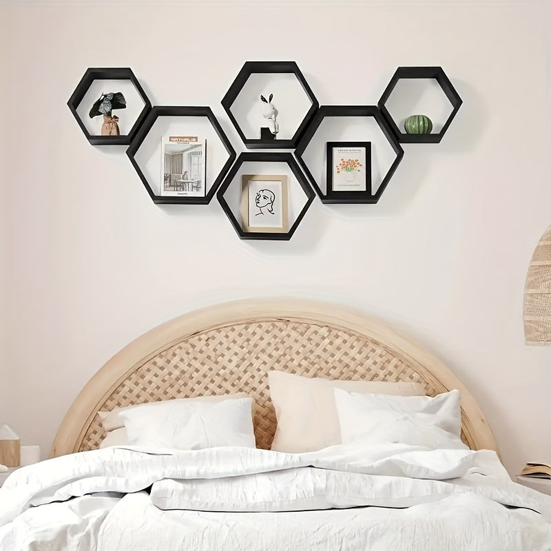 HexaWood - Set of 3 Hexagonal Wooden Floating Shelves for Living and Workspace