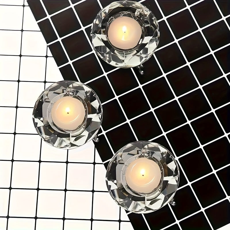 Conjunto de 2 castiçais de cristal transparente - estilo europeu, castiçal romântico em forma de diamante com suporte triangular de metal