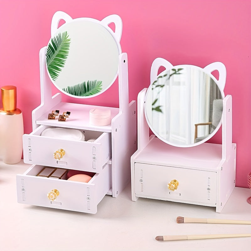 Espejo de maquillaje con cajón – giratorio 360°, caja organizadora de cosméticos con espejo, diseño de orejas de gato