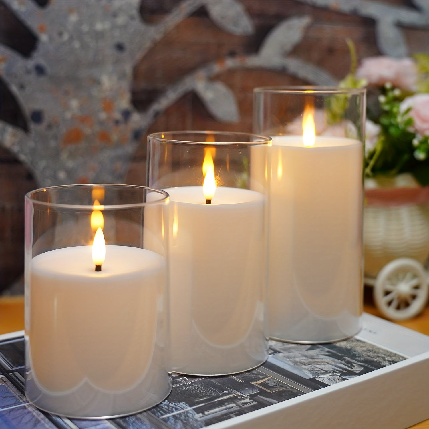Conjunto de Velas Sem Chama com Comando à Distância - Velas LED para Decoração de Natal e Halloween (Conjunto de 3 - Branco)