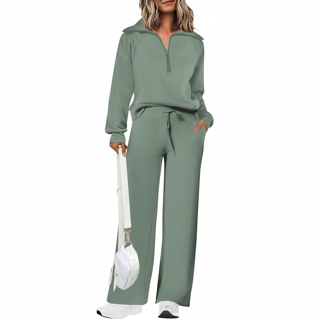 Conjunto Casual para Senhora com Sweatshirt de Meio Fecho e Calças Palazzo