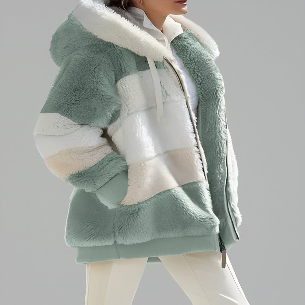 Womens Winter Coat Teddy Oversized Colorblock Hood Zipper