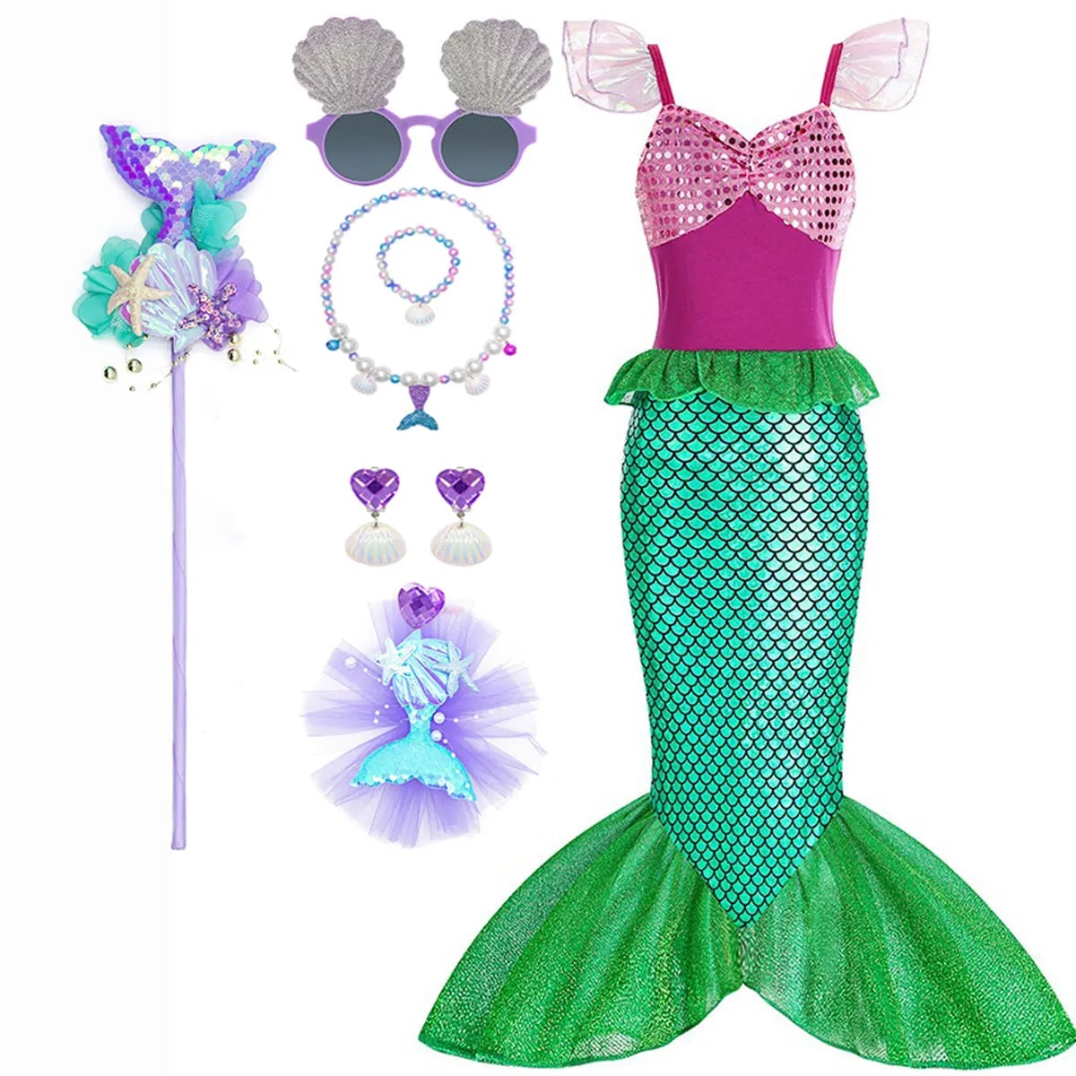 Halloween Costume Sirena Bambina Scaglie Coda Festa - Image 14