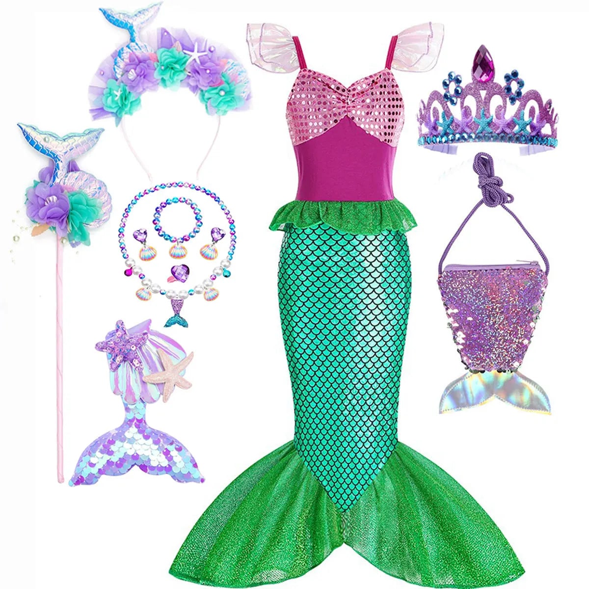 Halloween Costume Sirena Bambina Scaglie Coda Festa - Image 16