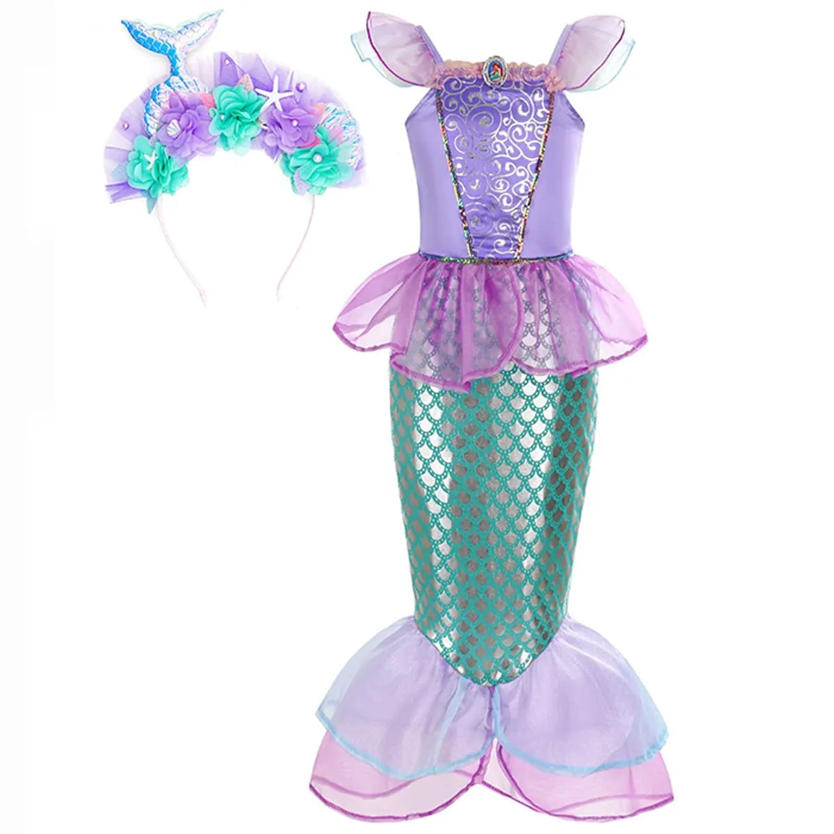 Halloween Costume Sirena Bambina Scaglie Coda Festa - Image 2