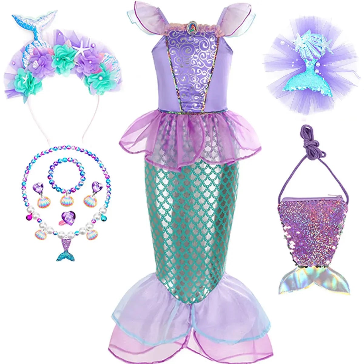 Halloween Costume Sirena Bambina Scaglie Coda Festa - Image 7