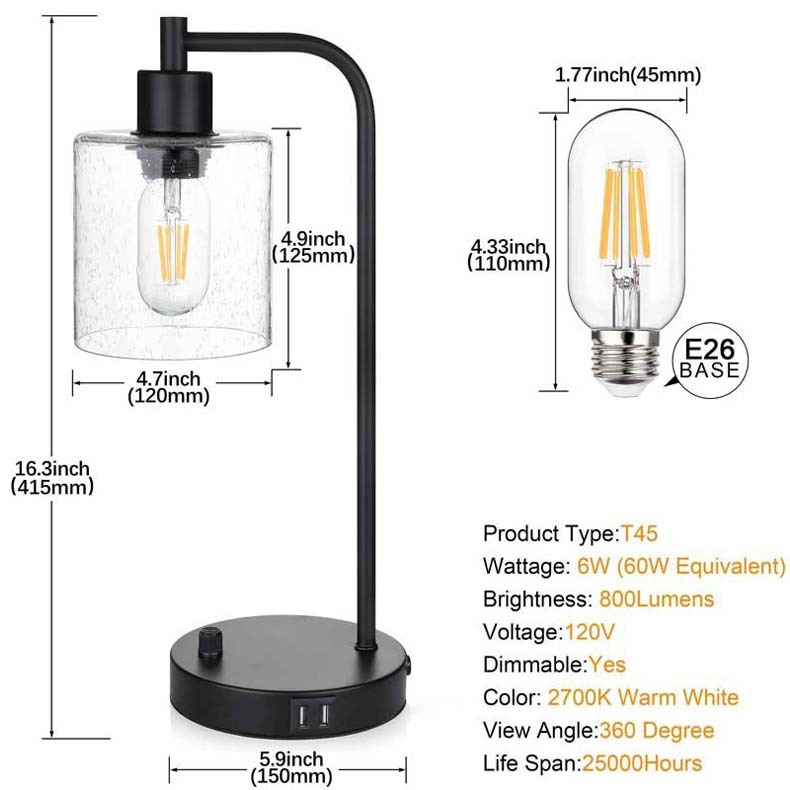 Lampada da comodino industriale - Lampade dimmerabili a 3 vie con USB e paralume in vetro