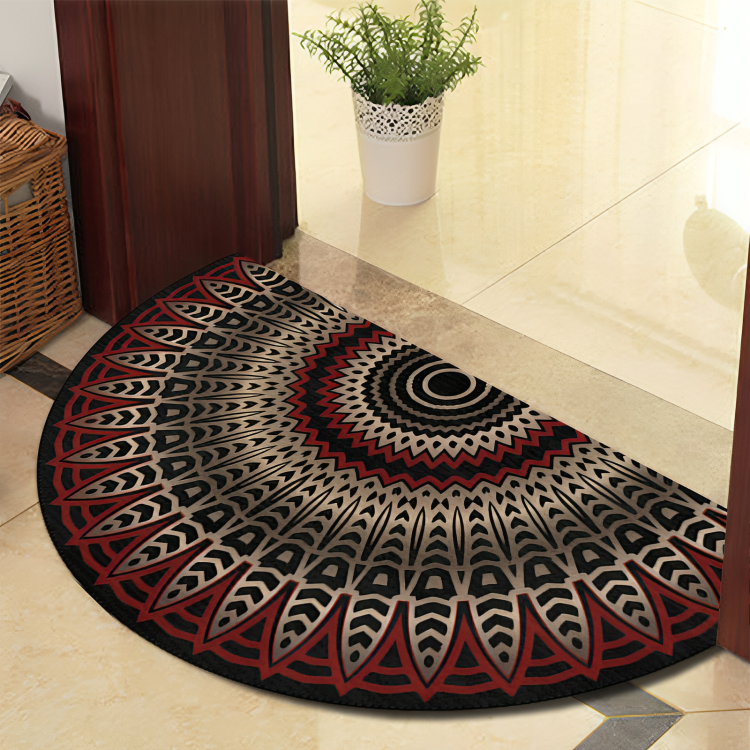 Alfombra redonda floreciente Mandala con líneas negras – Alfombra gruesa antideslizante de poliéster para interior/exterior, perfecta para dormitorio, pasillo y decoración del hogar – Lavable a máquina