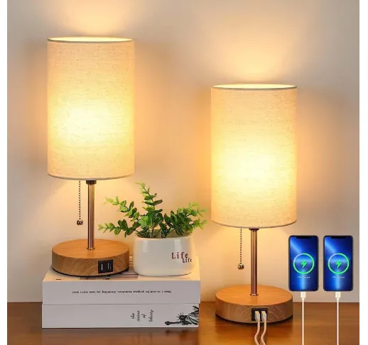 Set van 2 Tafellampen met USB Oplaadpoorten - Moderne Grijze Bedlampen met AC Stopcontact en Trekschakelaar