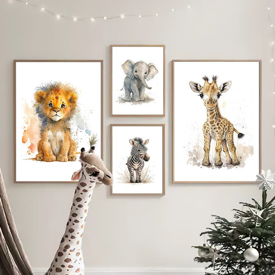 8 Pieces Canvas Poster, Modern Art, Cute Elephant Lion Giraffe Tiger Zebra, Kids Room Wall Decoration, Animal Posters, Ideal Gift for Bedroom, Wall Decoration, No Frame