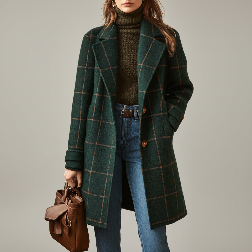 Elegante Giacca Donna Motivo Quadri Misto Lana Inverno
