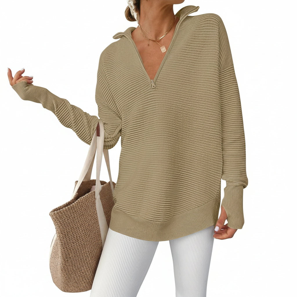 Womens Sweater Knitted Half Zip V Neck Ribbed Fabric Oversized