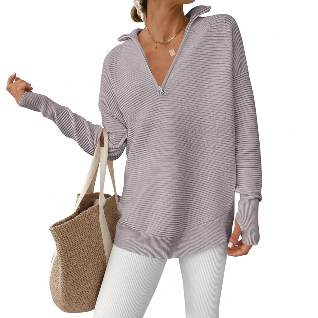 Womens Sweater Knitted Half Zip V Neck Ribbed Fabric Oversized