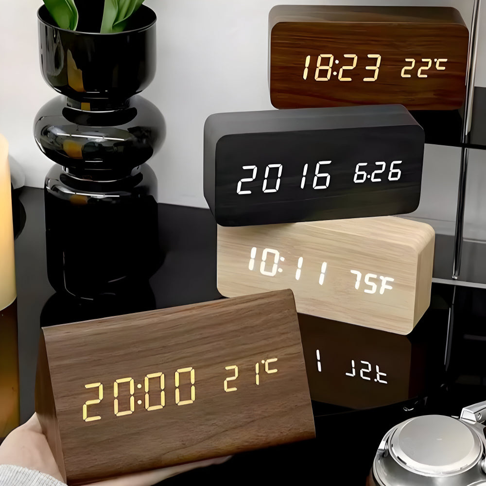 Sveglia Digitale LED Legno Moderna Temperatura Display Dimmerabile