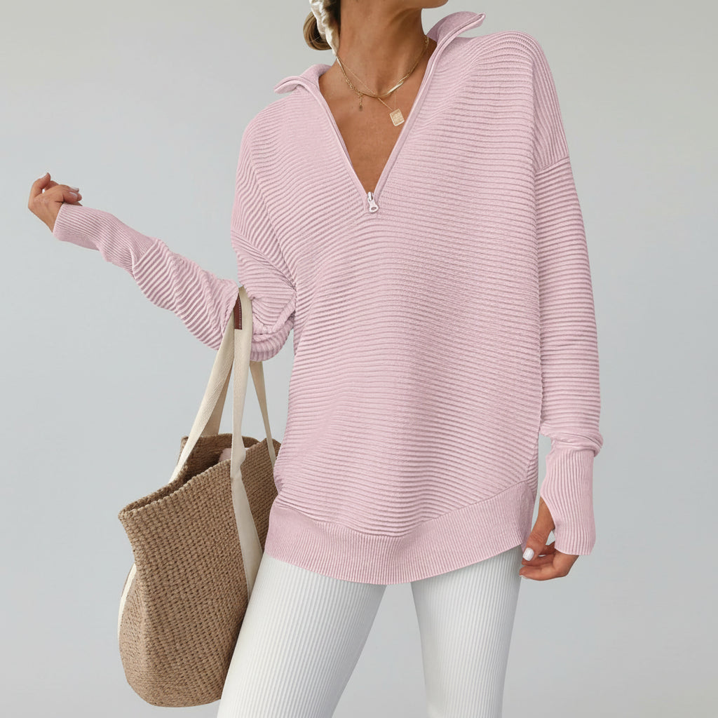 Womens Sweater Knitted Half Zip V Neck Ribbed Fabric Oversized