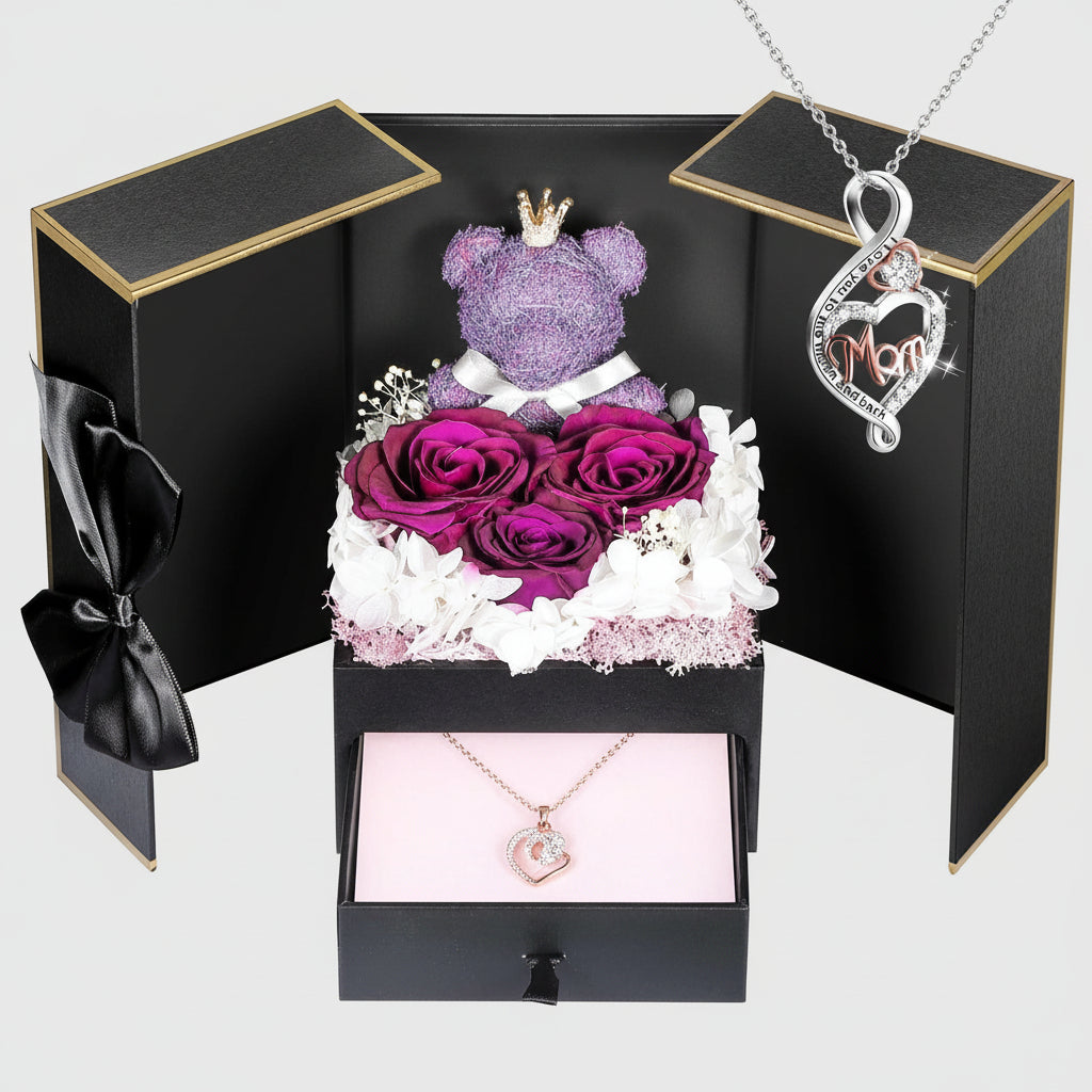 Bewaarde Rose Gift Box Handmade Bear I Love You Necklace