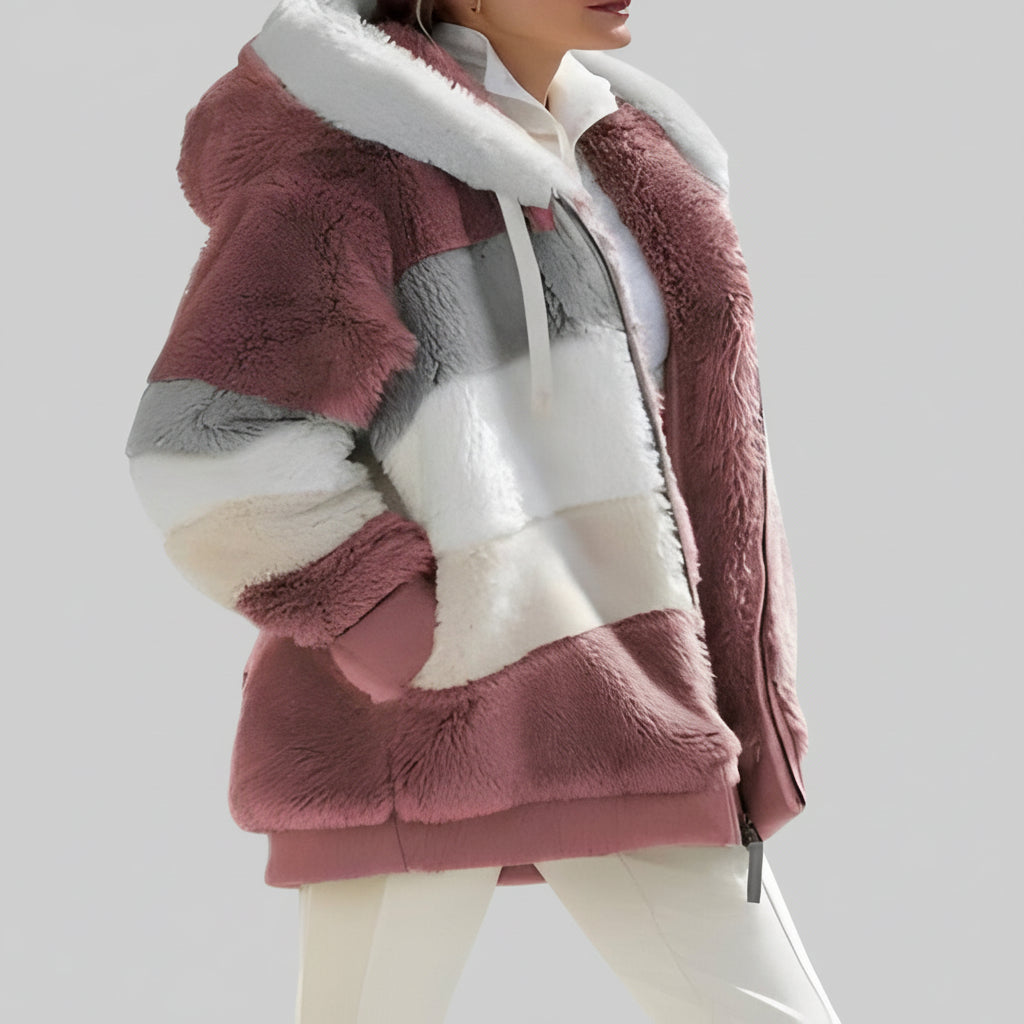 Womens Winter Coat Teddy Oversized Colorblock Hood Zipper