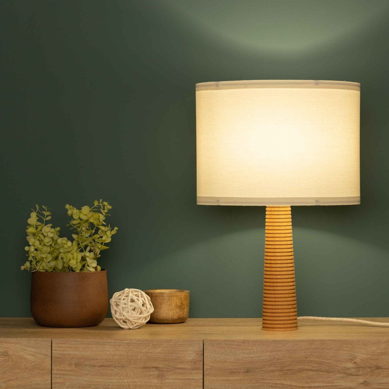 NordicGlow - Wooden Table Lamp with Pleated Base and Fabric Shade